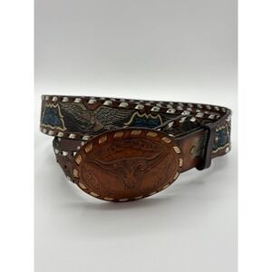 Comanchero 18076 Tooled Leather Belt Eagle Floral Studded Longhorn‎ Buckle Sz 44